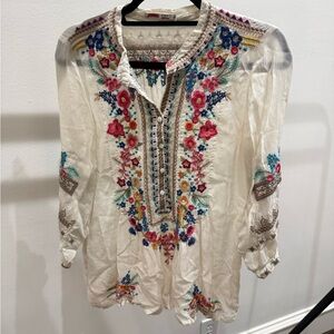 Johnny Was Cream Embellished Blouse with Mandarin Collar